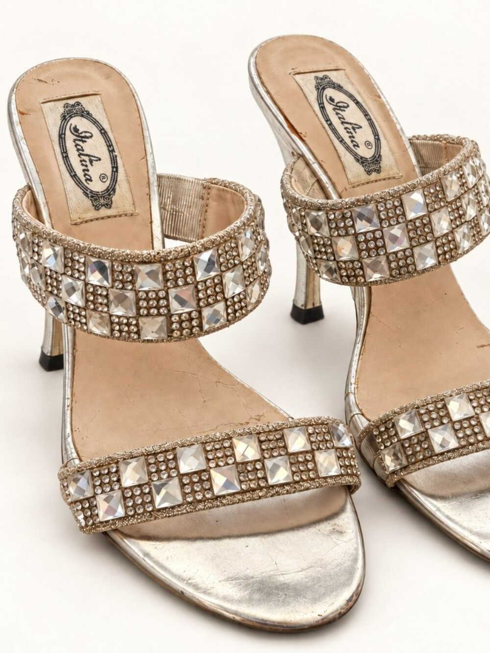 Italina Champagne Metallic Rhinestone Two-Strap Mule Heels 6.5